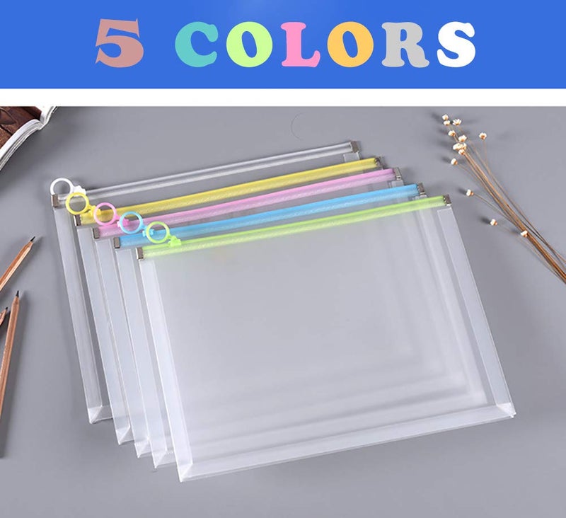 Qaxlry 5Packs 9 3/4 x 13 Clear Plastic Zip Envelopes Letter File Document Paper Folder Case Assorted Colors - Image 2